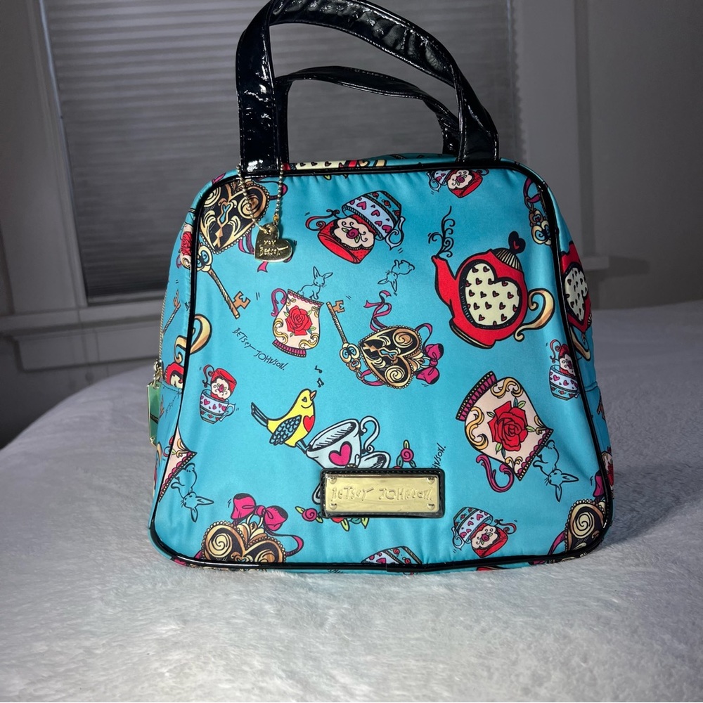 Betsey Johnson bag lunch box / bag insulated shimmery blue Teapots Birds NWOT